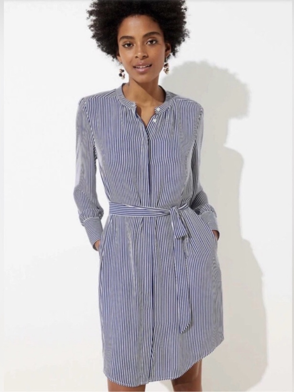 LOFT NAVY Blue White STRIPED SHIRT DRESS Long Sleeve Full Button Front Small